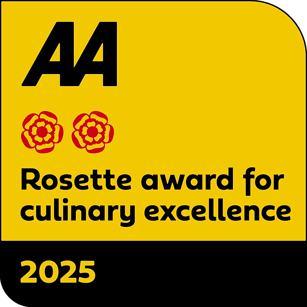 Hurley House - Yellow badge with bold black AA at the top, followed by two red rosettes. Text below reads Rosette award for culinary excellence. The year 2025 is printed at the bottom.