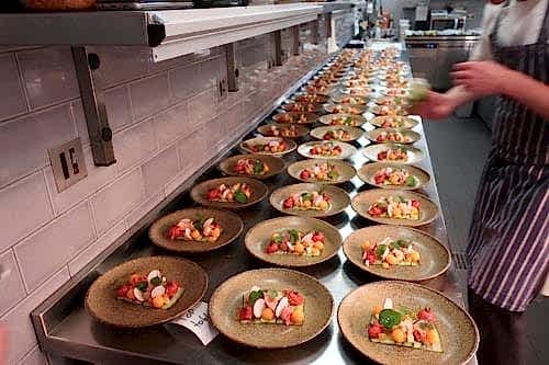 Hurley House - A chef arranges plates of colorful gourmet salads on a long kitchen counter. Each plate features a mix of vegetables, greens, and edible flowers, prepared for a large event or restaurant service.