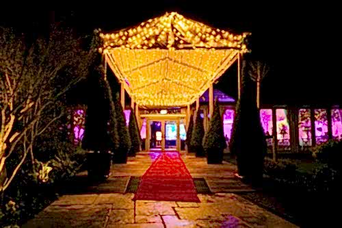 Hurley House - A nighttime scene of an elegant outdoor event space with a red carpet leading to an entrance. The path is lined with potted topiary trees, and the canopy above is adorned with sparkling string lights. The interior is illuminated with purple lighting.