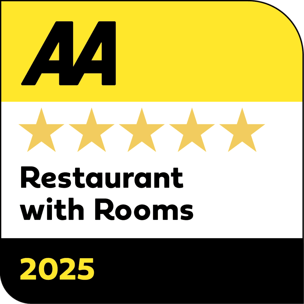 Hurley House - AA 5-star award image for Restaurant with Rooms 2025. The design features a yellow background with black and white text and five gold stars.