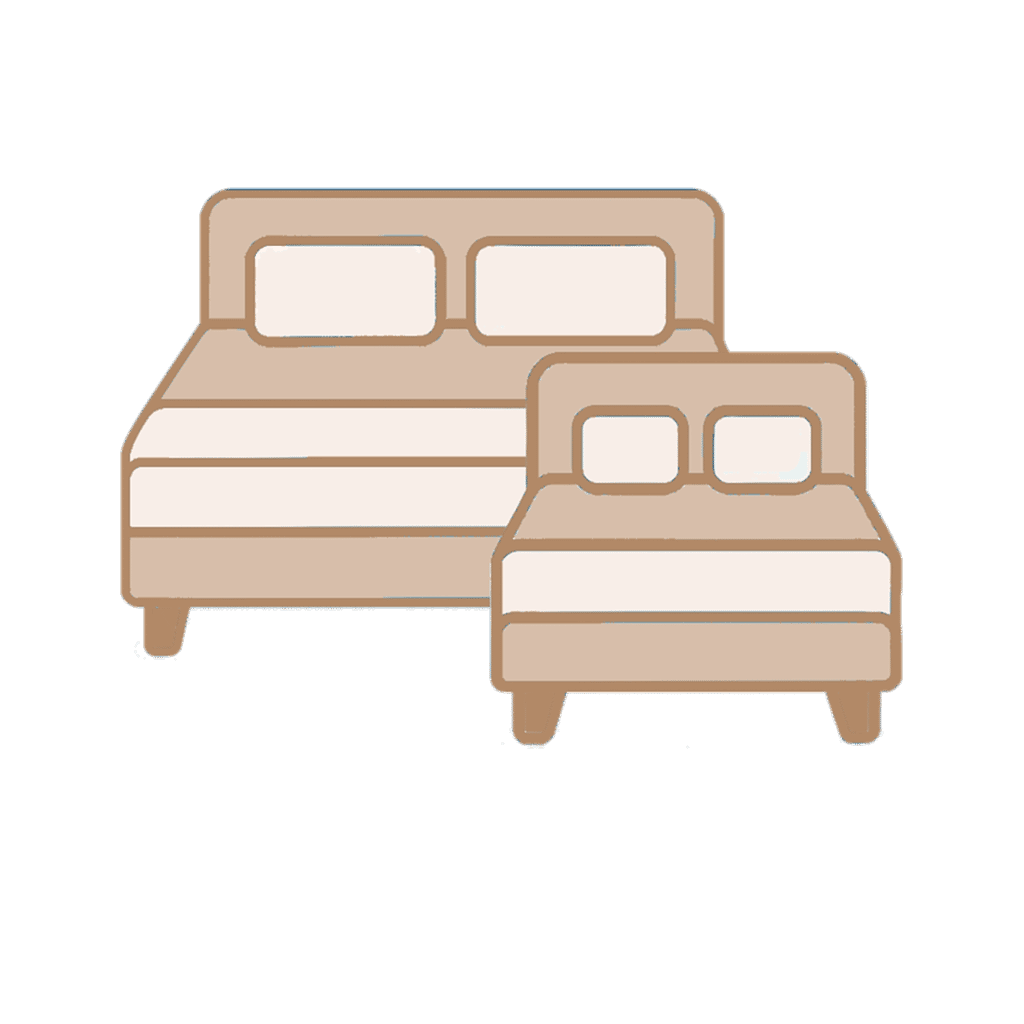 Hurley House - Illustration of two beds side by side, one larger and one smaller, both with headboards, beige bed frames, and two pillows each, against a plain white background.