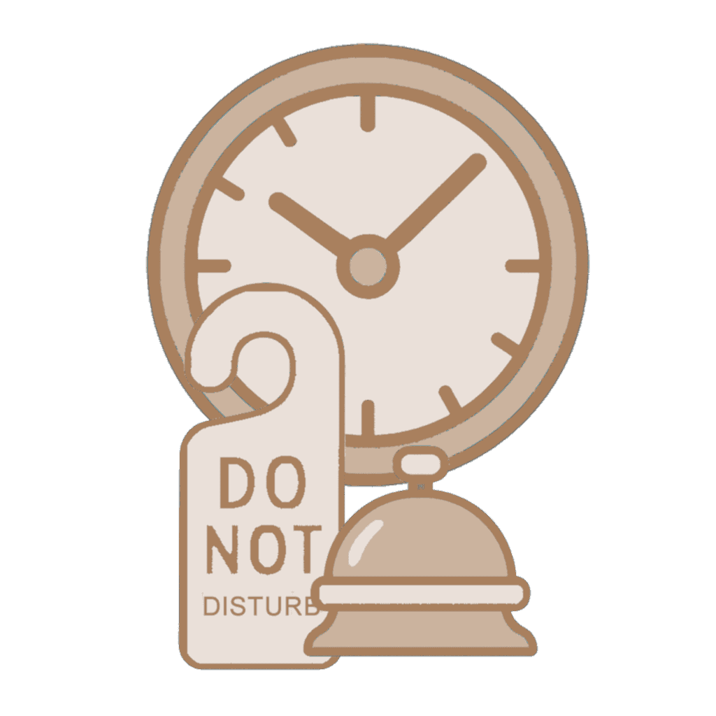 Hurley House - Illustration of a clock, a Do Not Disturb sign, and a service bell. The clock shows 10:10. The items are drawn in beige tones on a white background.