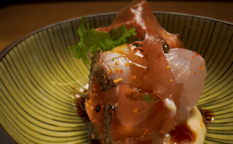 Hurley House - A close-up of a Japanese dish featuring thin slices of raw fish sashimi, garnished with greens and a drizzle of sauce, served in a patterned ceramic bowl.