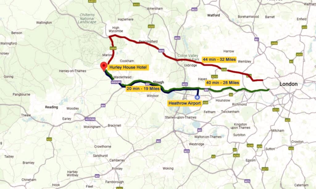 Hurley House - Map showing routes from London and Heathrow Airport to Hurley House Hotel near High Wycombe, with estimated travel times and distances highlighted in colored lines and text boxes. Major roads and nearby towns are labeled.
